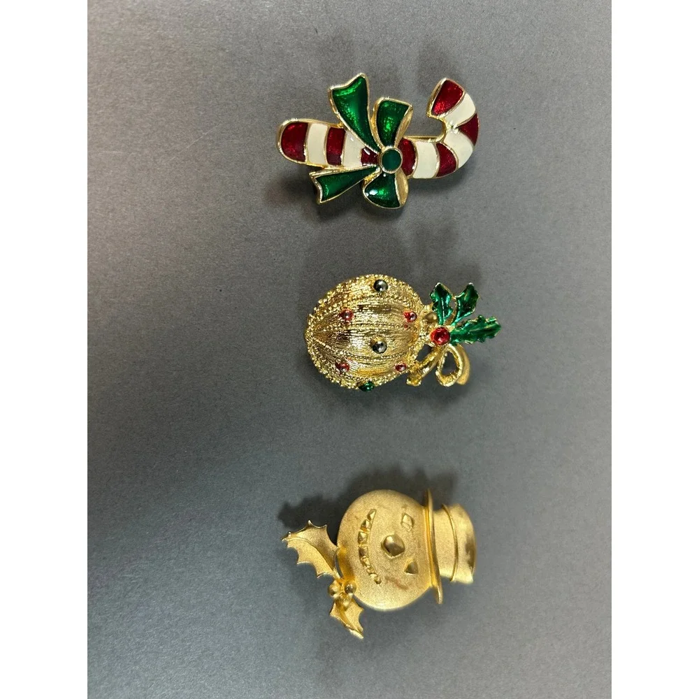 Vintage Christmas Brooch Set Gold Tone Candy Cane Ornament Snowman Enamel Pins